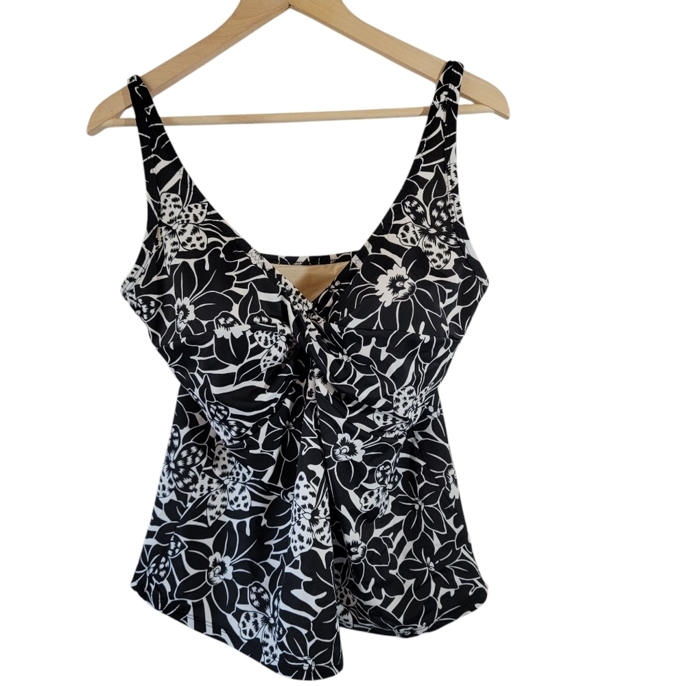 VTG T.H.E. Womens Black & White Floral Tankini Sz 16 Twisted Front Underwire